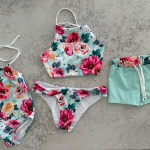 Girls Floral High-Neck Bikini Set in Mint and Pink